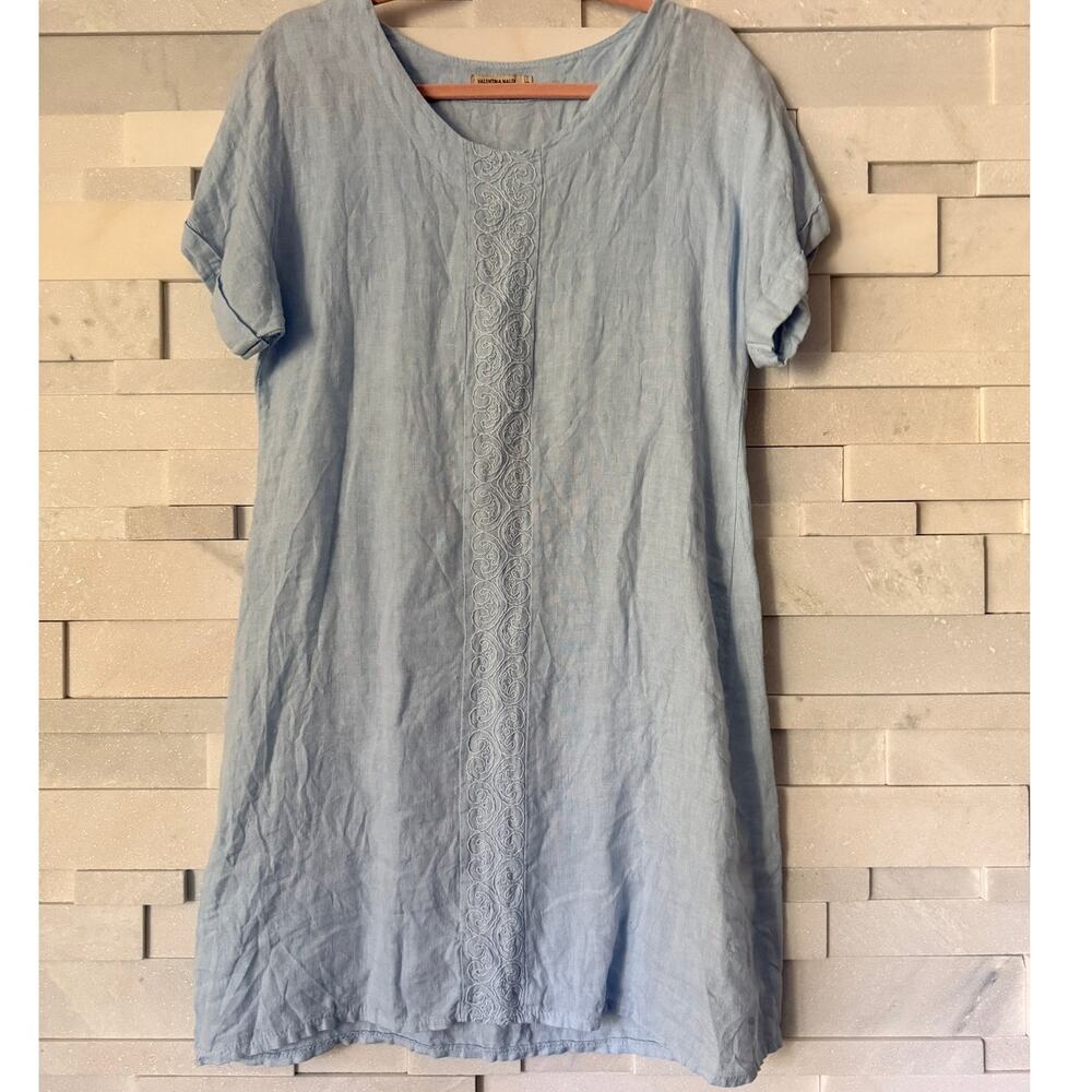 VALENTINA NALDI 100% Linen Tonal Embroidery S/S Roomy Trapeze Swing Dress S